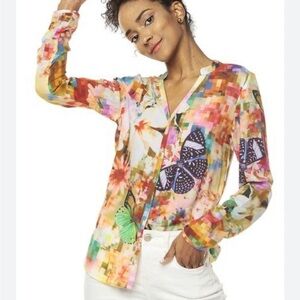 Desigual Pixel Butterfly Print Button Down Top S